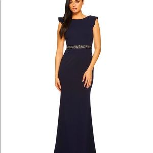 Adrianna Papell navy flutter crepe embelished gown